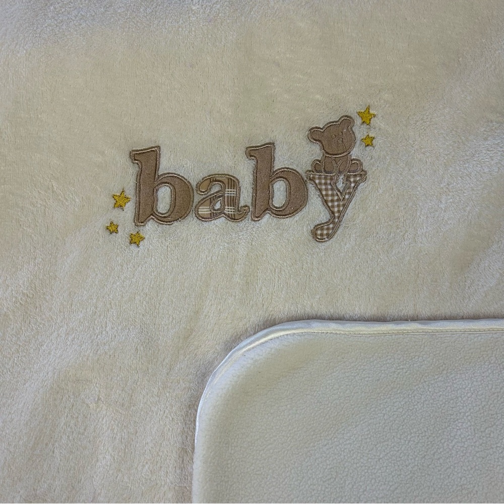 Carter's Cream Tan Teddy Bear Baby Blanket Yellow Stars Plaid Off White